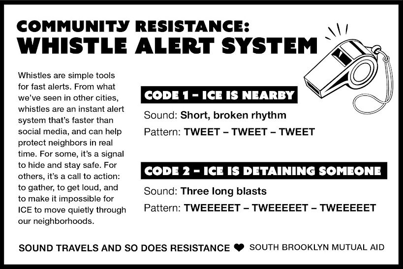 Image of a whistle and instructions of how to use it to draw attention to ICE abductions