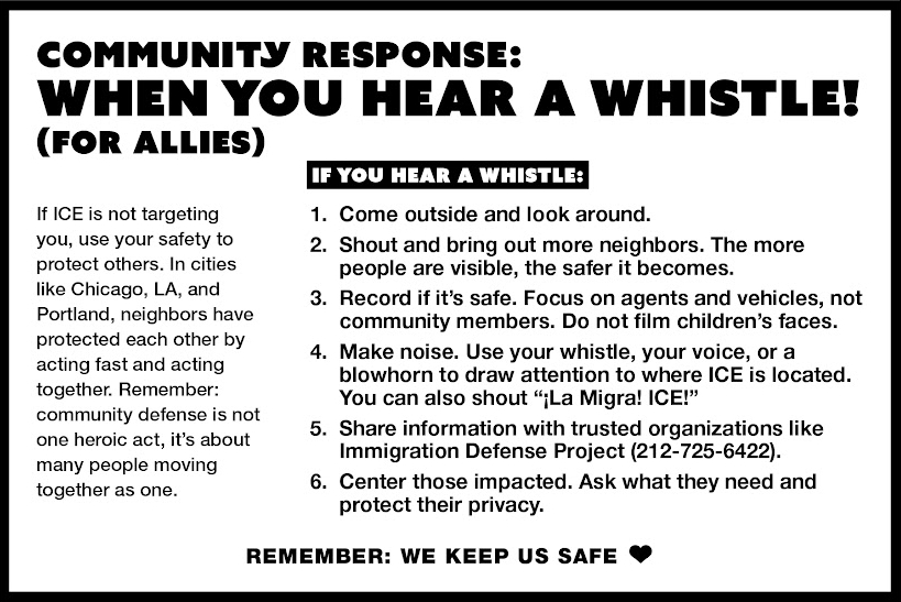 Flyer explaining actions to take when hearing a whistle 